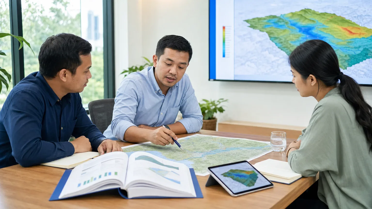 Illustrative project meeting reviewing terrain maps and technical outputs
