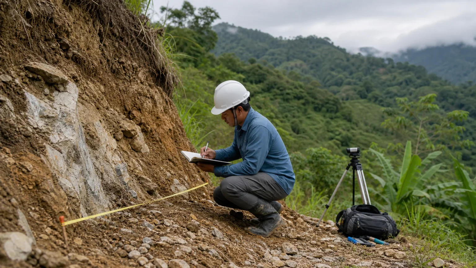 Illustrative field geoscientist documenting ground conditions beside an exposed slope