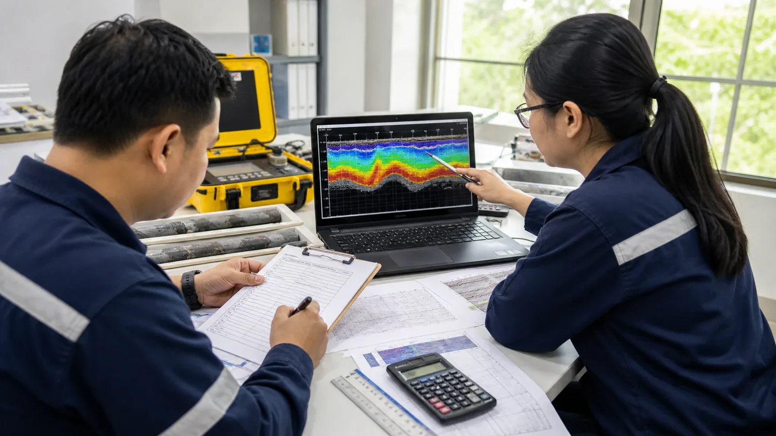 Illustrative technical team reviewing field records and a geophysical data display