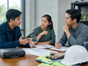 Illustrative Filipino project team framing a site decision before an investigation