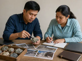 Illustrative Filipino geoscience team comparing field notes, photographs, and rock samples