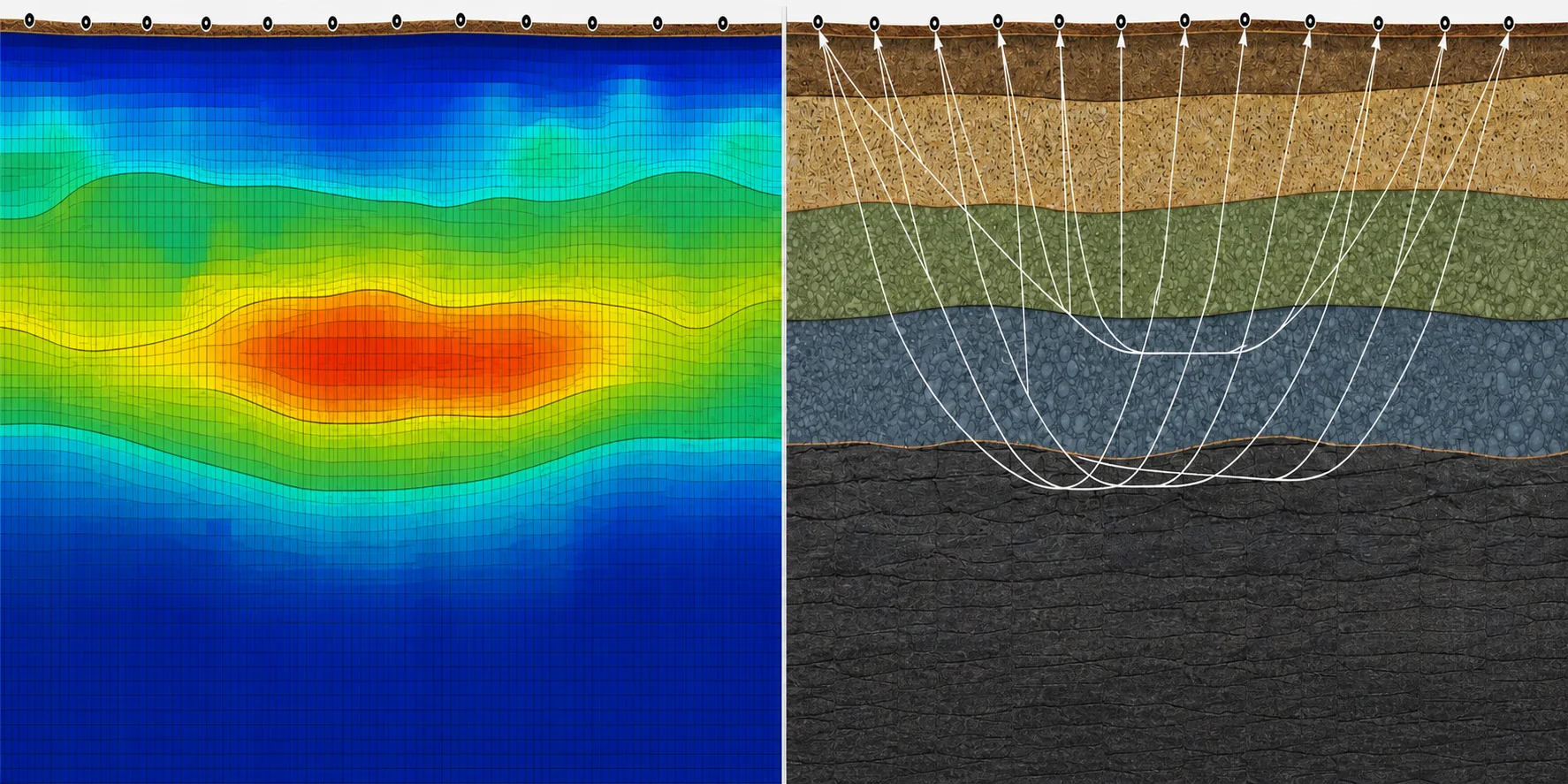 Illustrative conceptual sections of a field profile shown through electrical resistivity and seismic response lenses