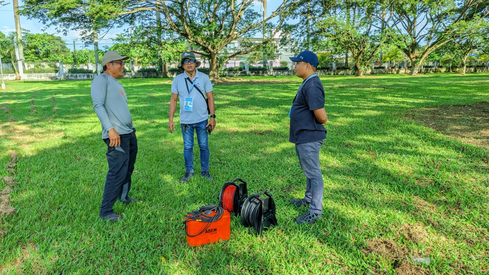 HydroGeo personnel preparing electrical resistivity equipment during field testing