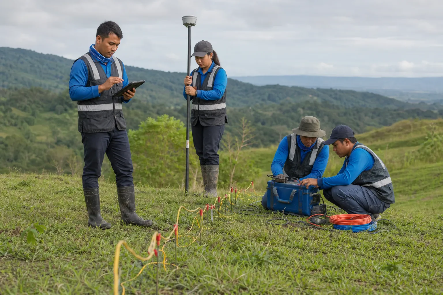 Illustrative Filipino field team combining GNSS mapping with electrical resistivity testing